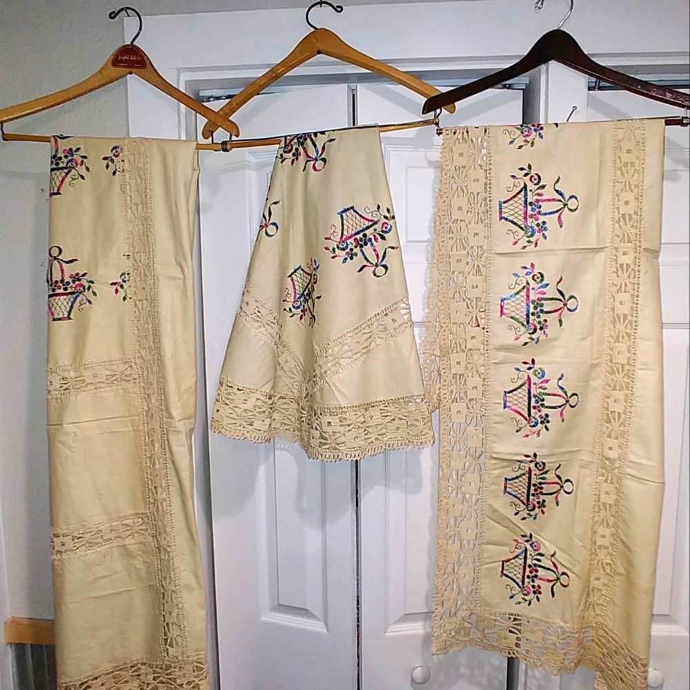 Vintage 1800s matching embroidered linen. mantle cover, oval and rectangle